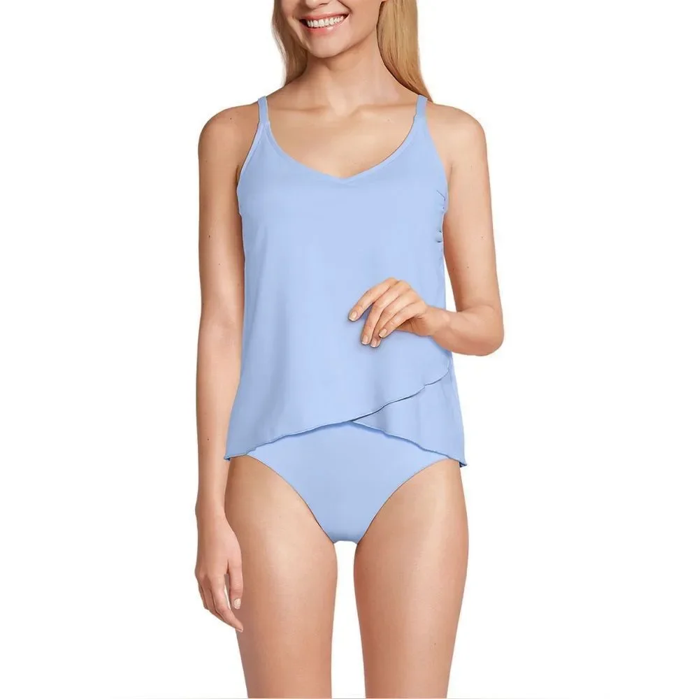 Land's End Tankini Top Tulip hem V Neck Strappy adjustable Soft Cloud Blue Var